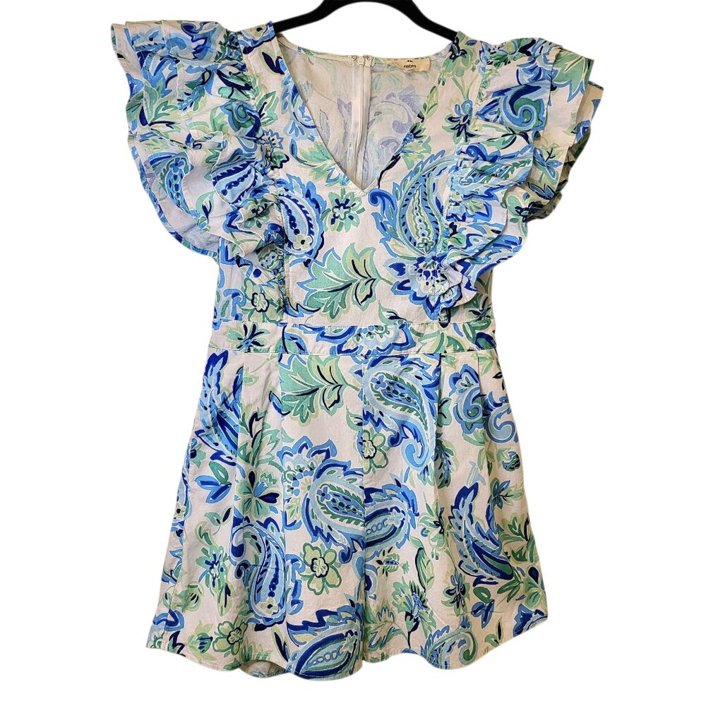 Women's Entro Blue & Green Floral Paisley Ruffle Sleeve Summer Romper Sz Large